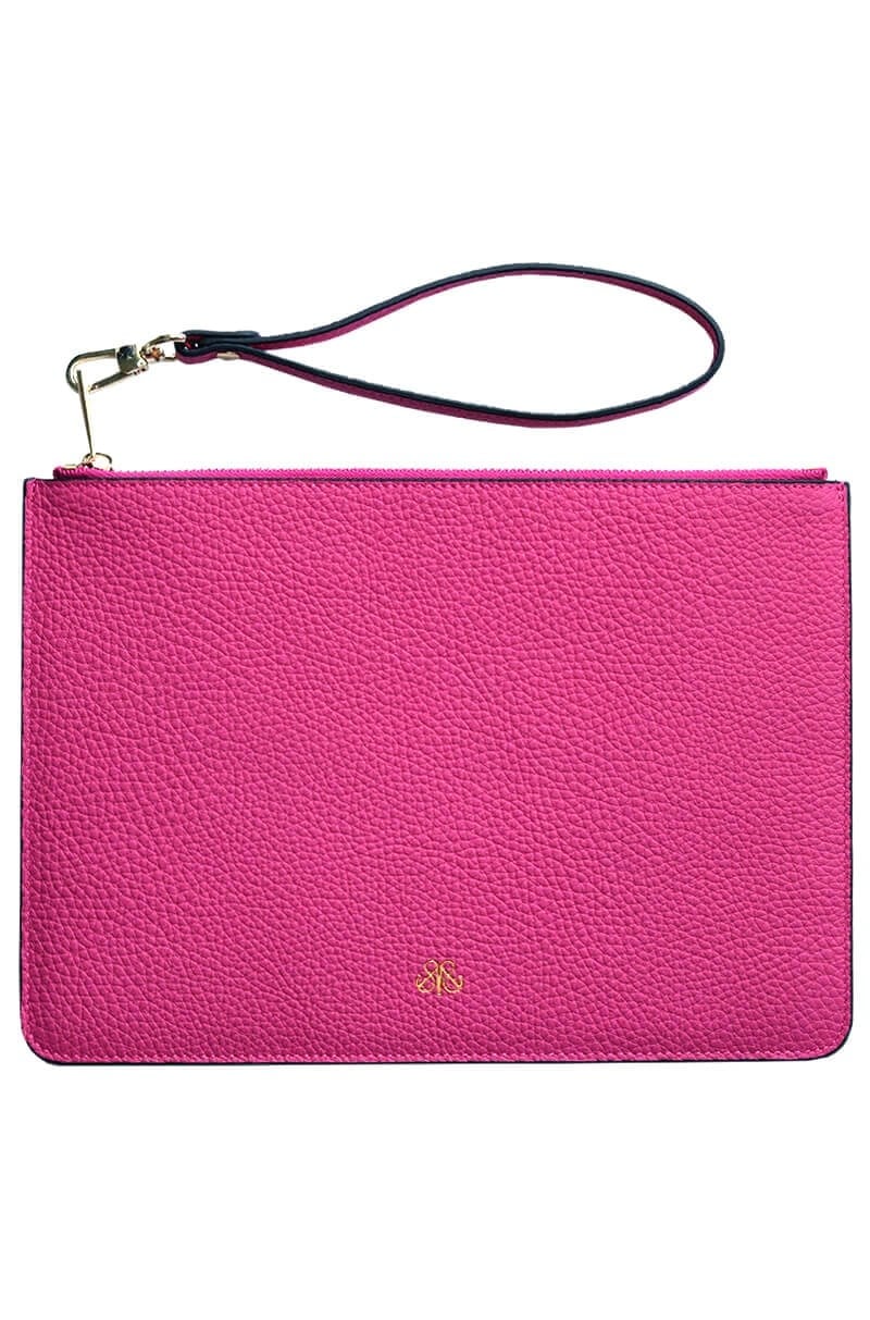 Deri Clutch Çanta El Saplı Fuşya Togo