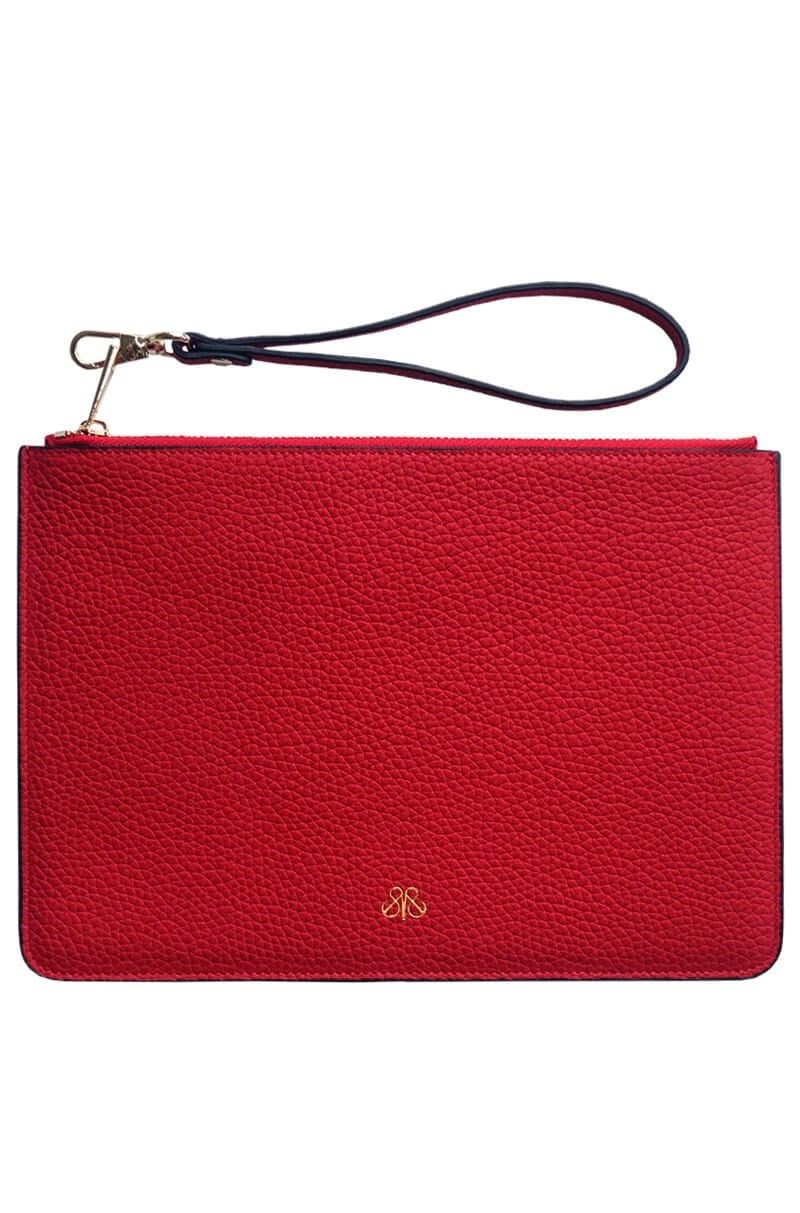 Deri Clutch Çanta El Saplı Kırmızı Togo