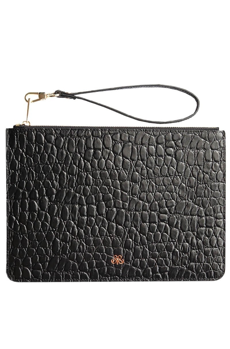 Deri Clutch Çanta El Saplı Siyah Baby Croco