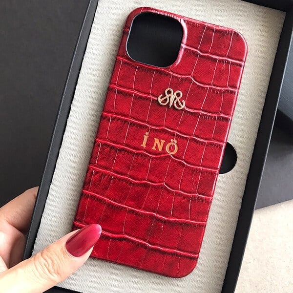 Deri iPhone Kılıf 13 Pro Kırmızı Croco Full Deri
