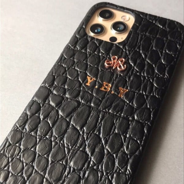 Deri iPhone Kılıf 13 Pro Siyah Baby Croco Full Deri