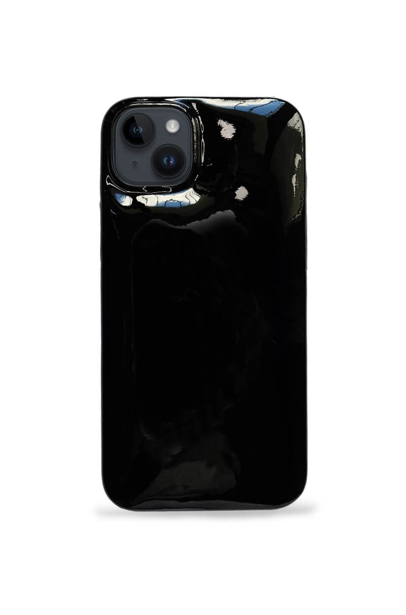 Deri iPhone Kılıf 14 Plus Siyah Rugan Full Deri