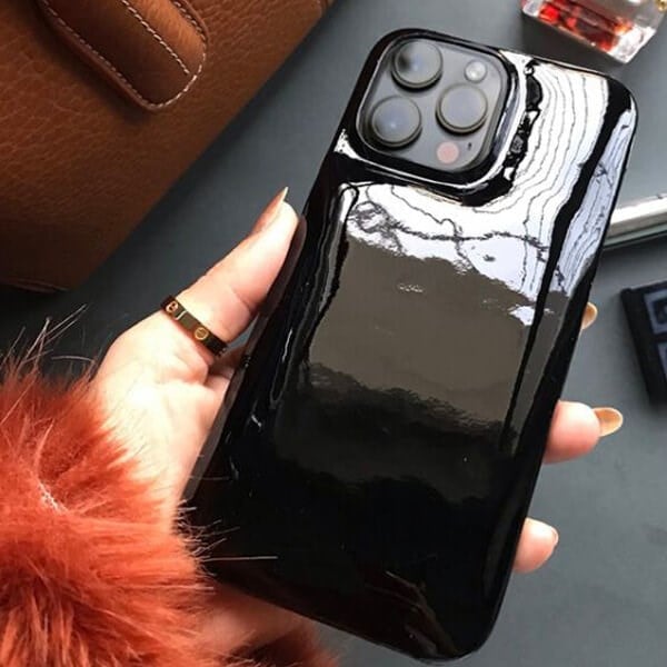 Deri iPhone Kılıf 14 Pro Siyah Rugan Full Deri