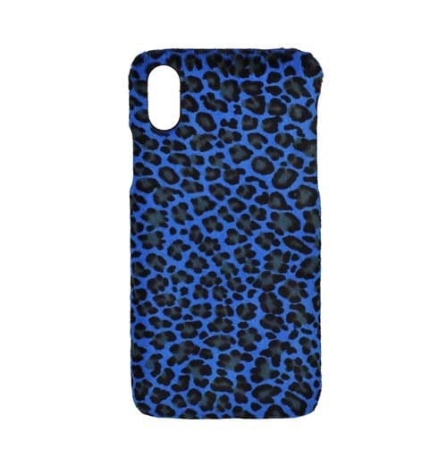 Deri iPhone Kılıf X Mavi  Leopar Baskılı Tüylü Deri