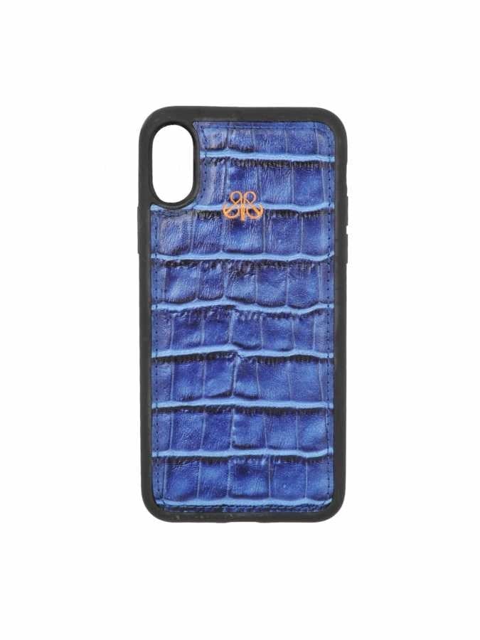 Deri iPhone Kılıf X Mavi Croco