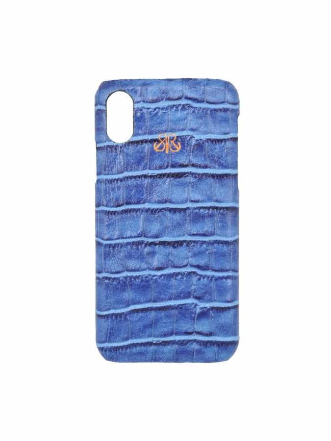 Deri iPhone Kılıf X Mavi Croco full deri