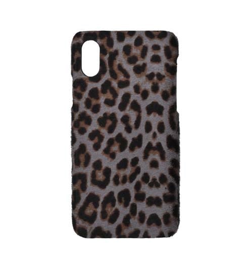 Deri iPhone Kılıf Xs Max Gri Leopar Baskılı Tüylü Deri