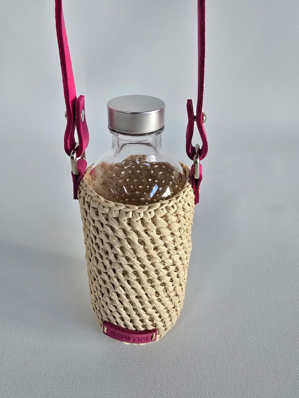 Örgü Şişe Çantası-Naturel Rafya, Fuşya Askı