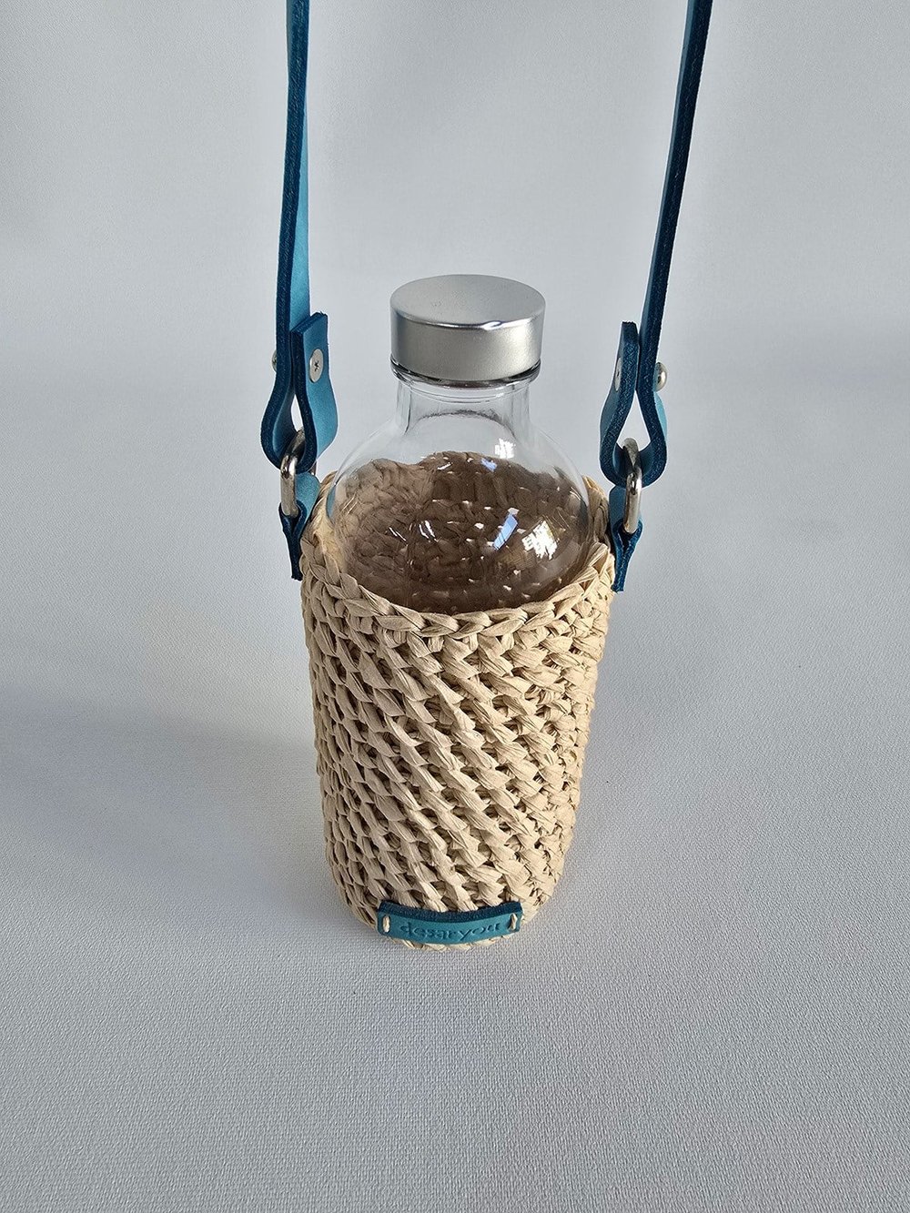Örgü Şişe Çantası-Naturel Rafya, Turkuaz Askı