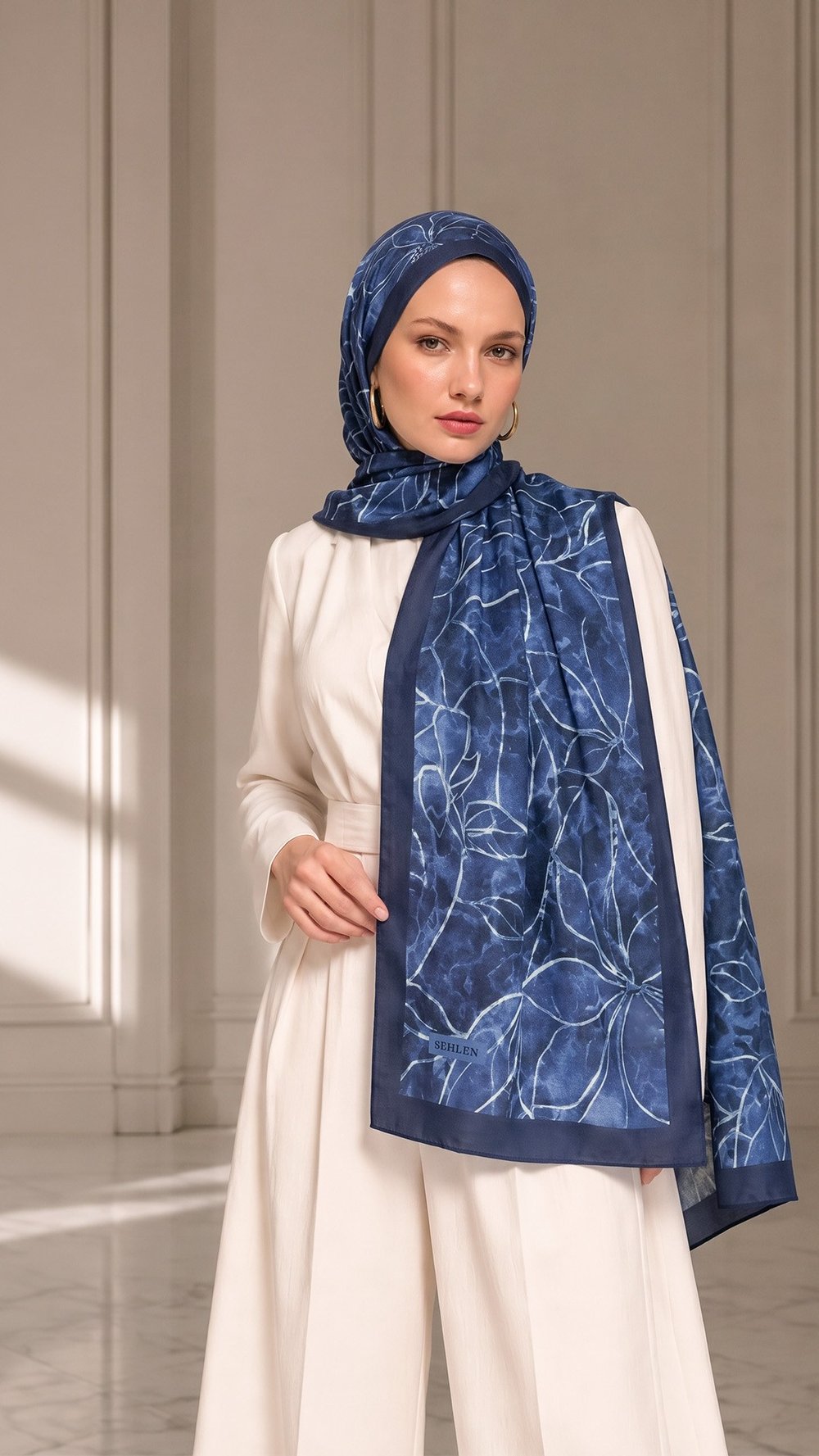 Çiçek Desenli Soft Pamuklu Şal - Lacivert (029)