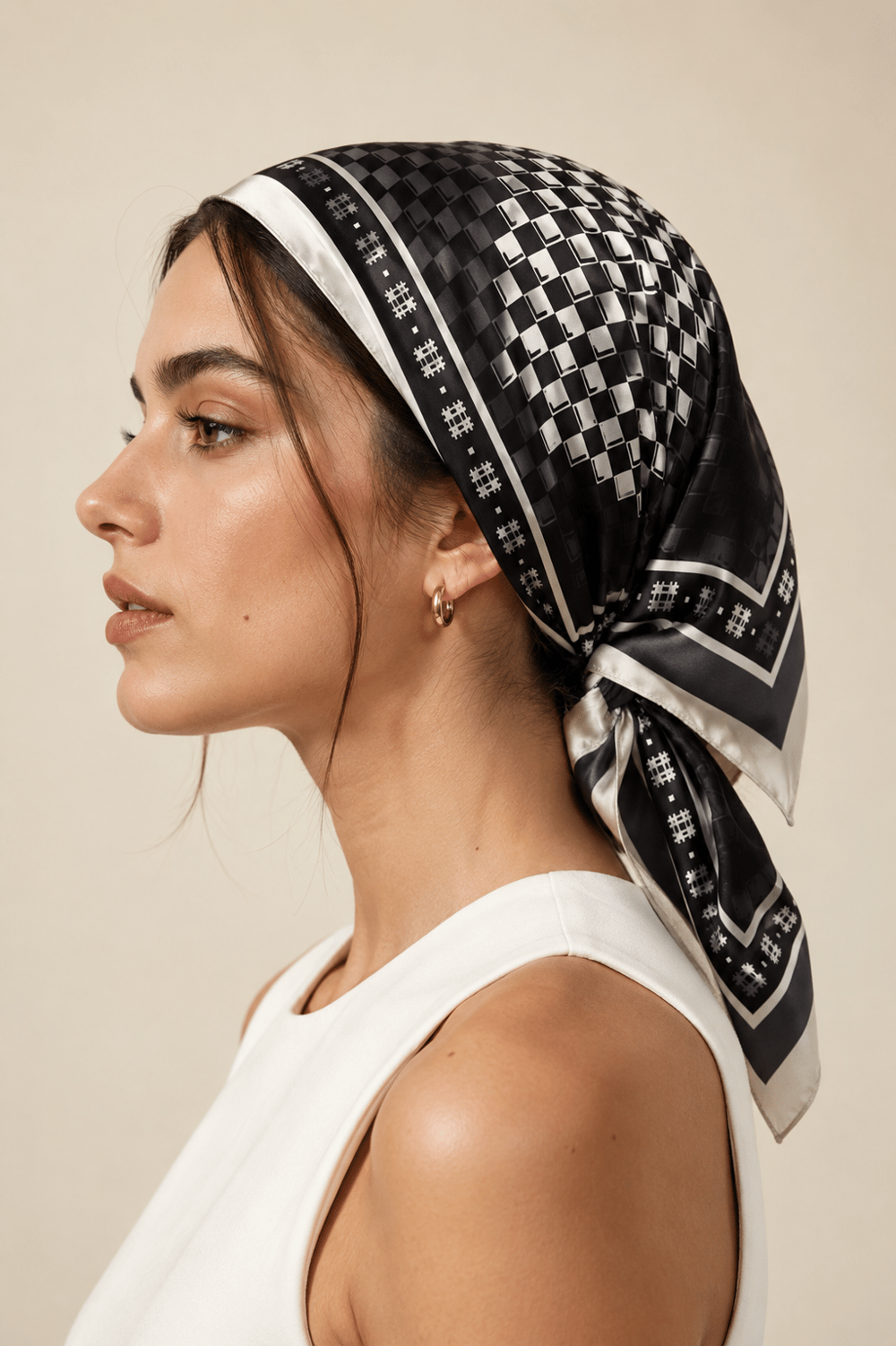 Kadın Dama Desenli Saten Fular Bandana 56x56 cm - Açık Küf Yeşil