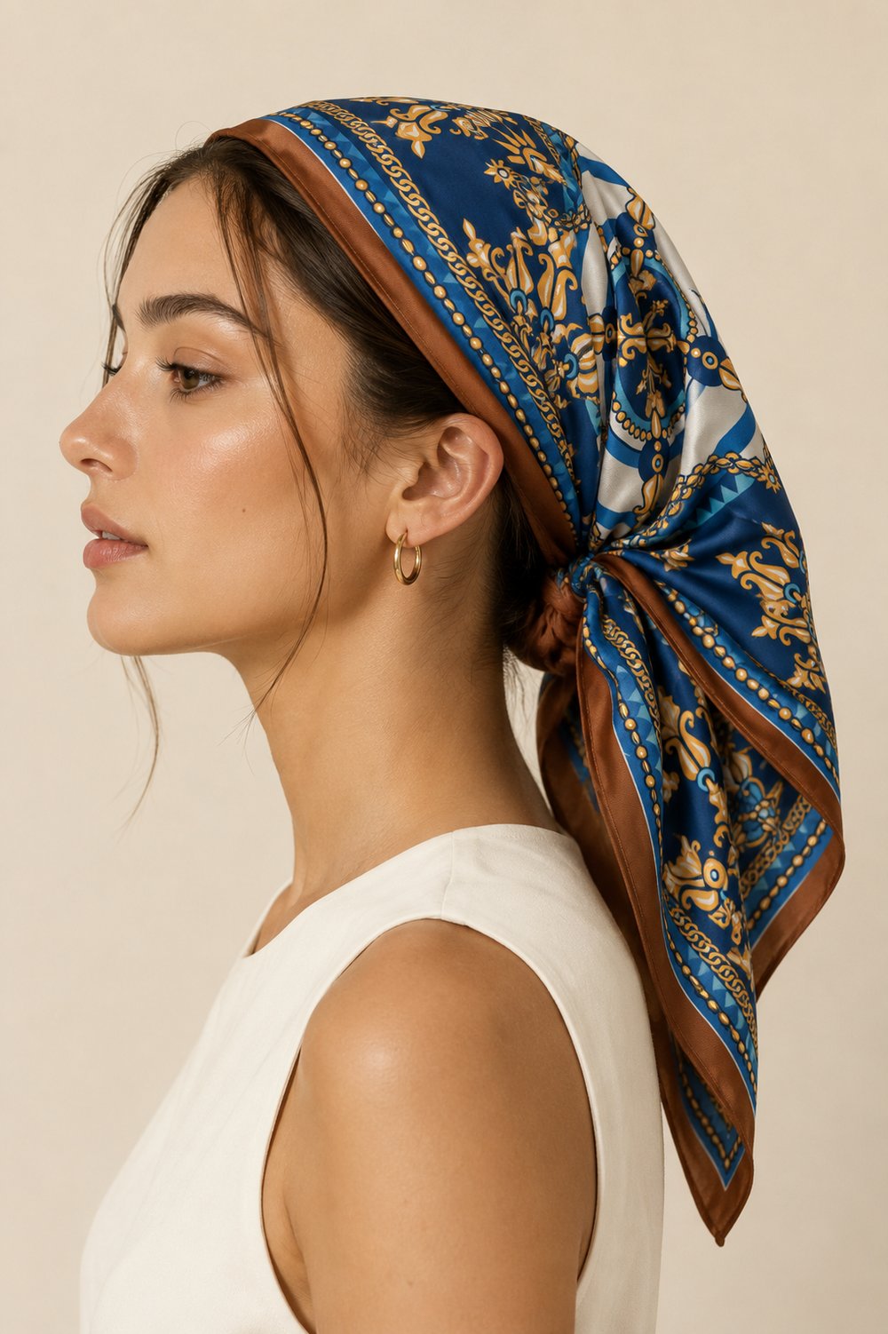 Kadın Denizci Pusula Desenli Saten Fular Bandana 56x56 cm - Kahve Sax