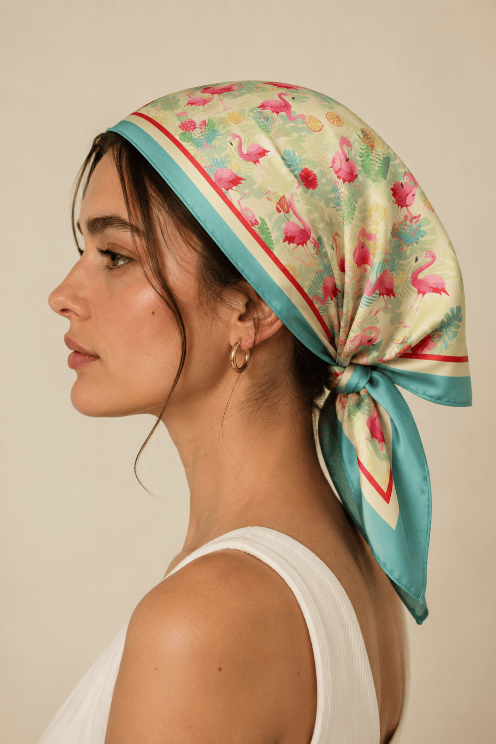 Kadın Mini Tropik Desenli Saten Fular Bandana 56x56 cm - Canlı Yeşil
