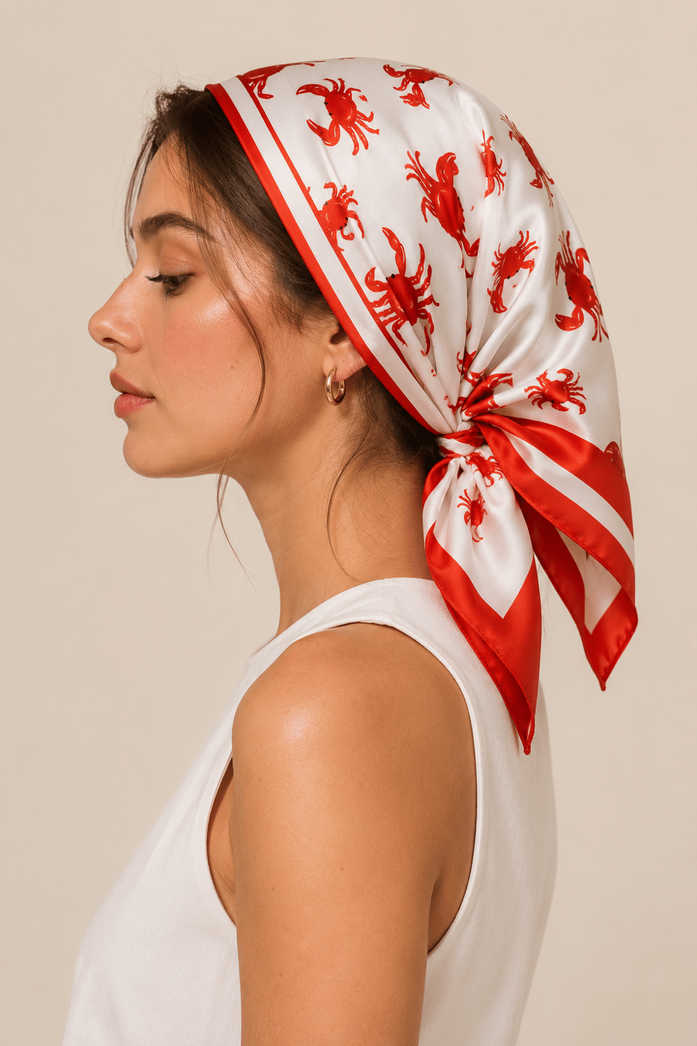 Kadın Yengeç Desenli Saten Fular Bandana 56x56 cm - Canlı Kırmızı