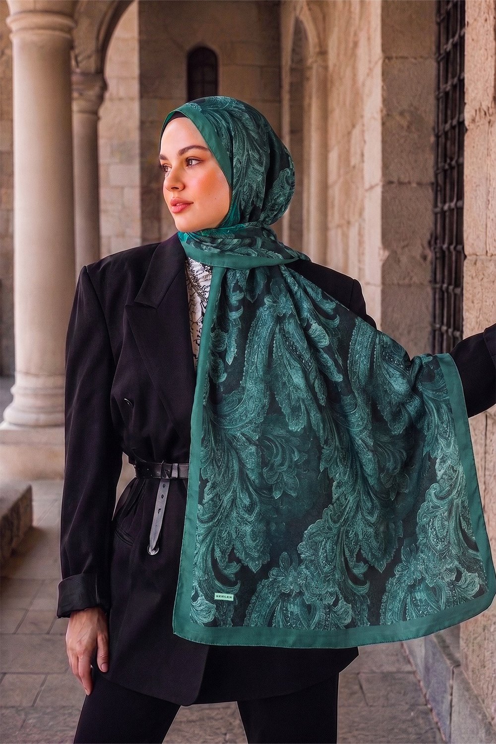Perla Barok Paisley Desenli Şal - Küf Yeşil