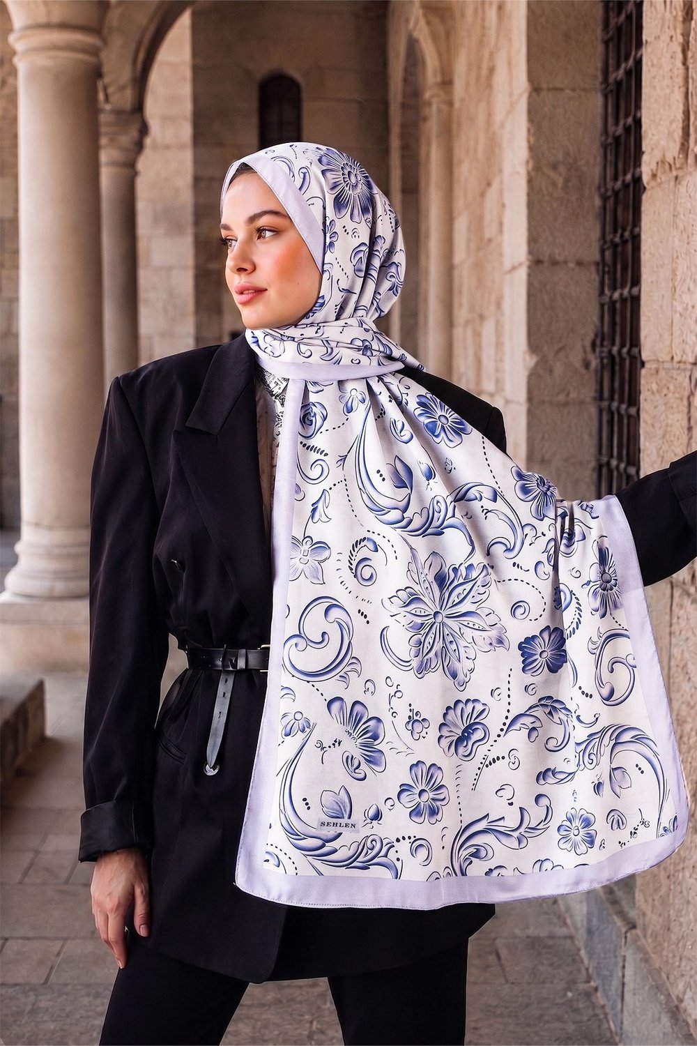Perla Çini Floral Desenli Şal - Lila