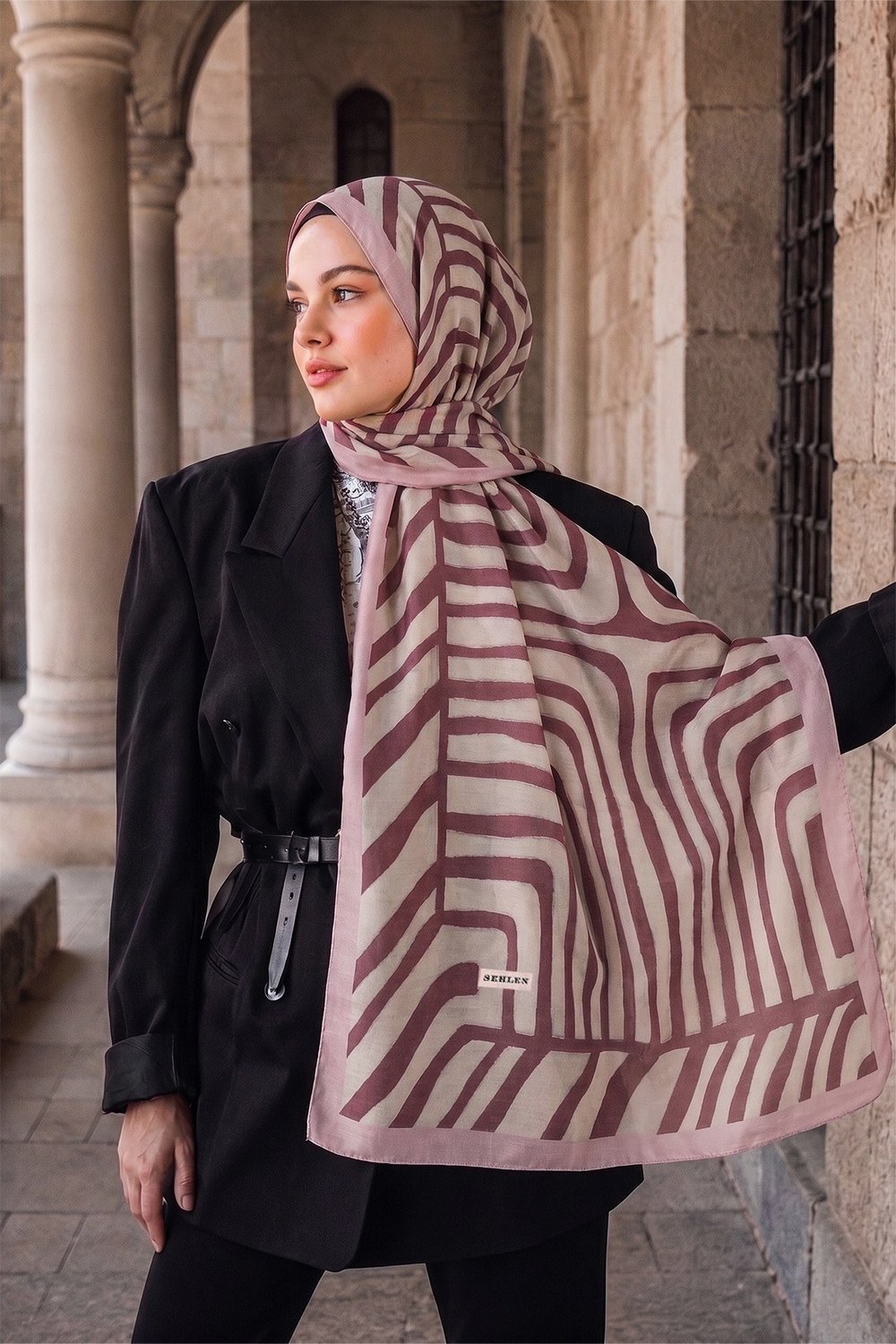 Perla Geometrik Labirent Desenli Şal - Açık Pudra