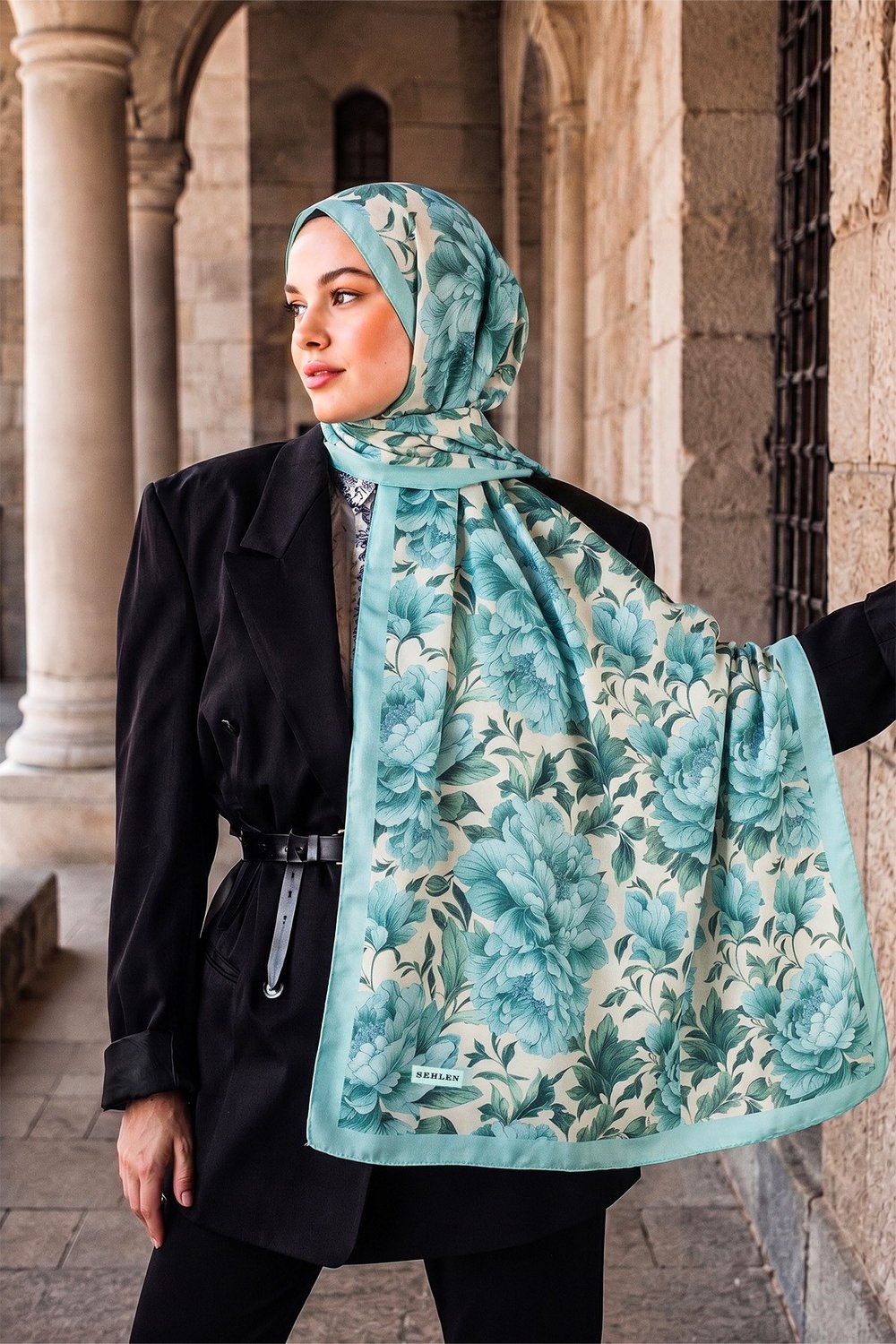 Perla Şakayık Bahçesi Desenli Şal - Mint Yeşil