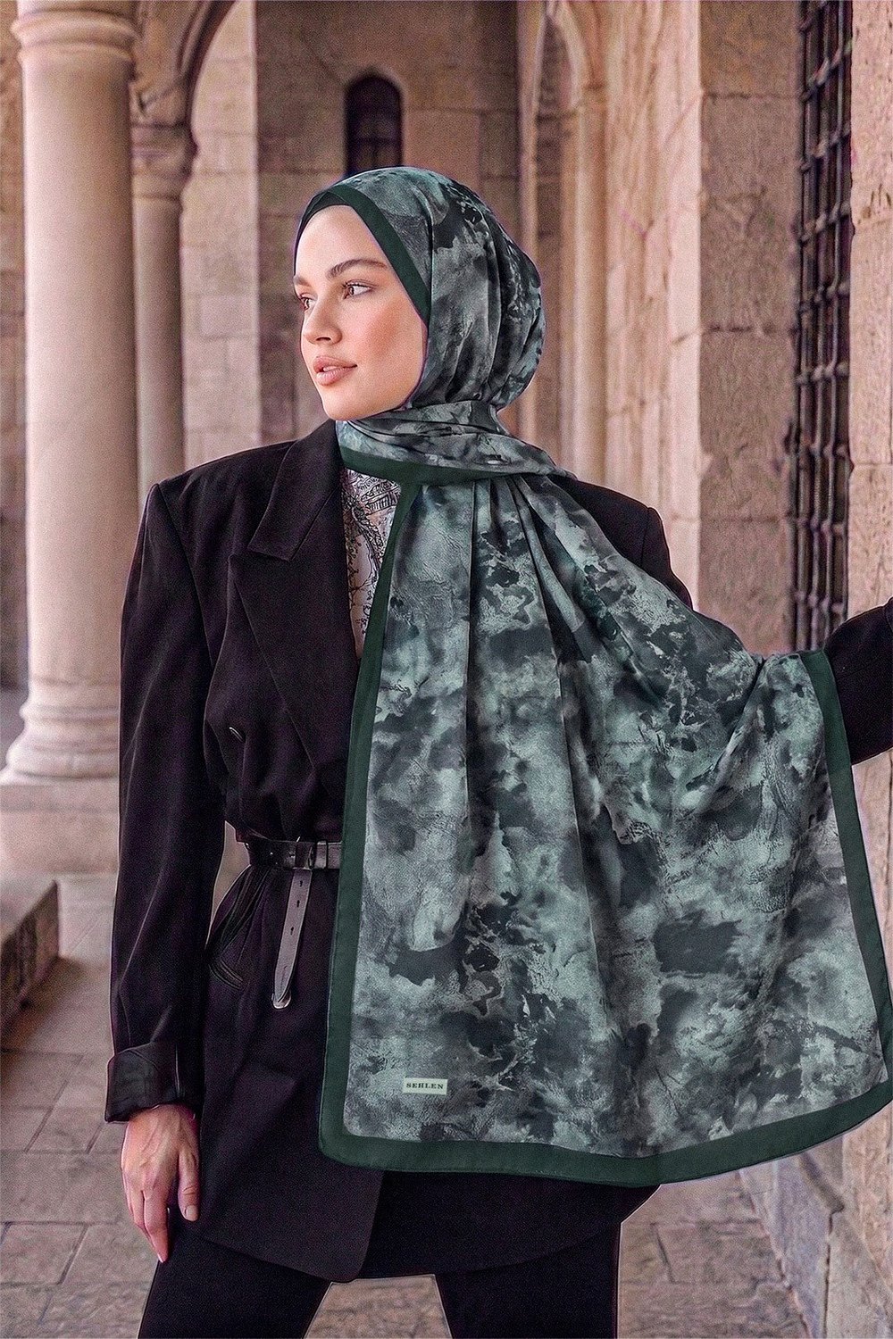 Perla Soyut Fırça Desenli Şal - Siyah
