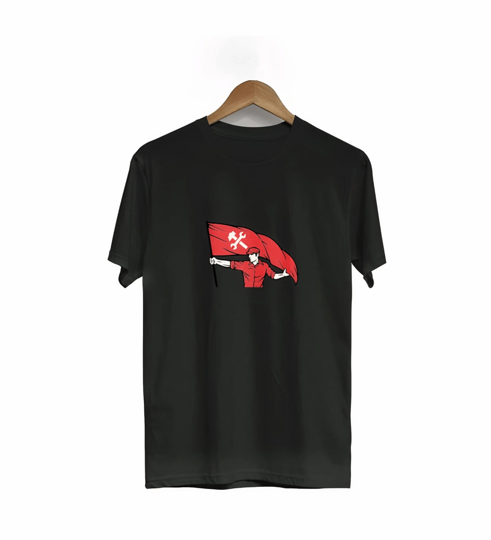 1 Mayıs Emek ve Dayanışma Bayraklı Emekçi Baskılı Bisiklet Yaka T-shirt - Siyah