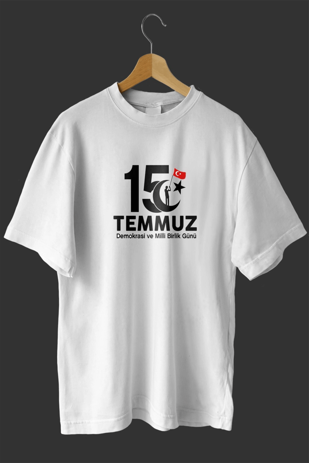 15 Temmuz Demokrasi ve Milli Birlik Günü Baskılı Oversize Bisiklet Yaka T-shirt - Beyaz