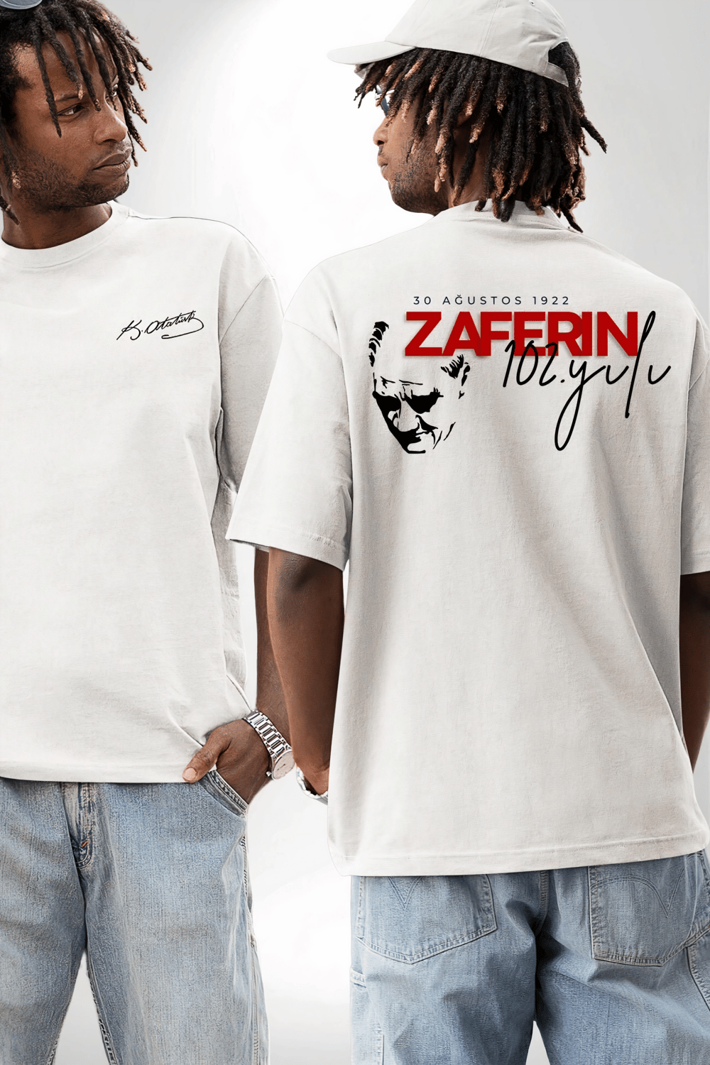 30 Ağustos Zafer Bayramı Ön Arka Baskılı Oversize Bisiklet Yaka T-shirt - Beyaz