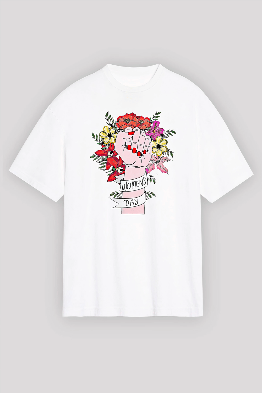 8 Mart Dünya Kadınlar Günü Baskılı Oversize Bisiklet Yaka T-shirt - Beyaz