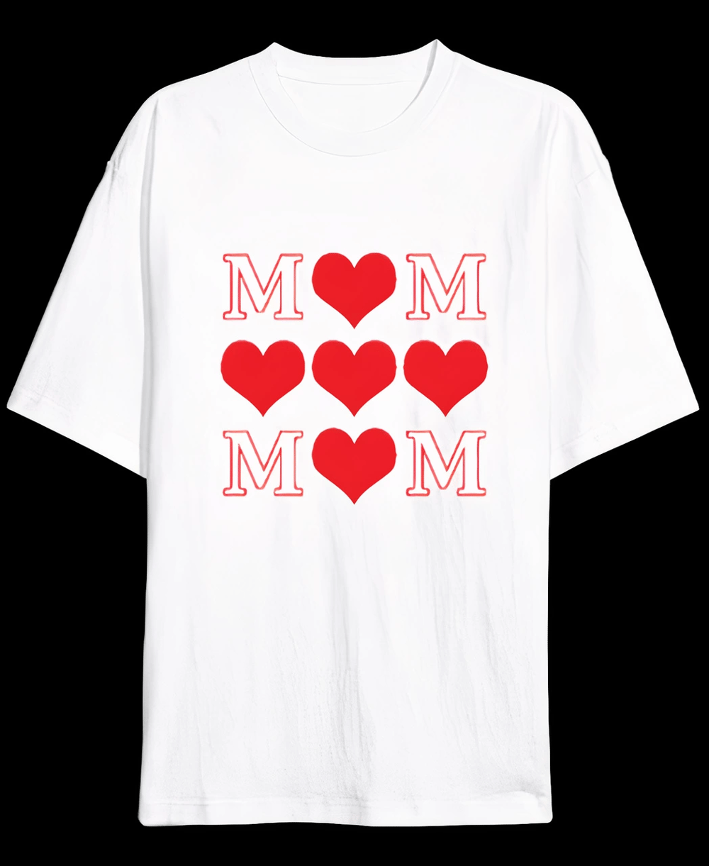 Anneler Günü Hediye MOM Kalp Baskılı Oversize Bisiklet Yaka T-shirt - Beyaz