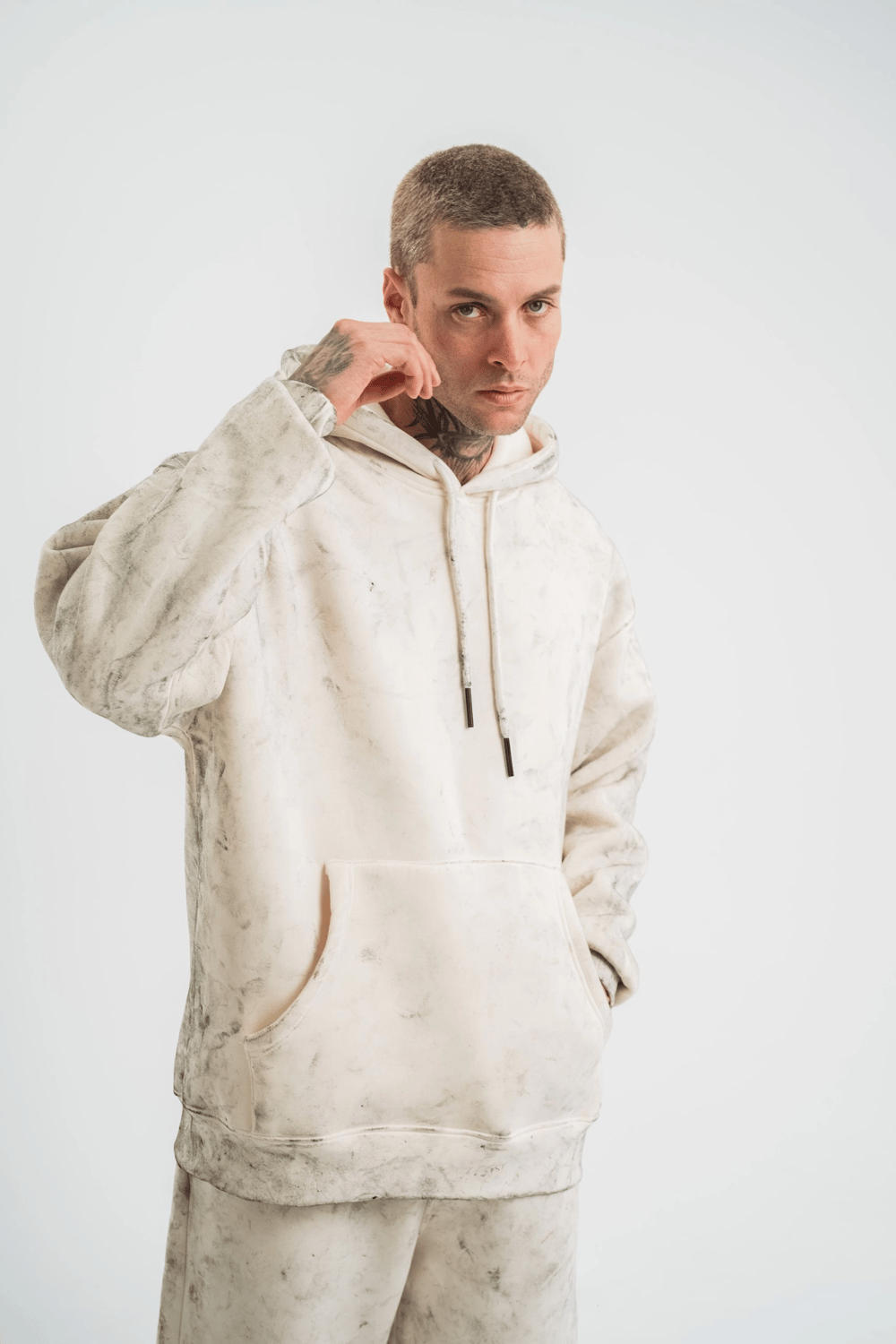 ERKEK  3 iplik Pamuklu Oversize Kapşonlu Yıkamalı SweatShirt Hoodie - Krem
