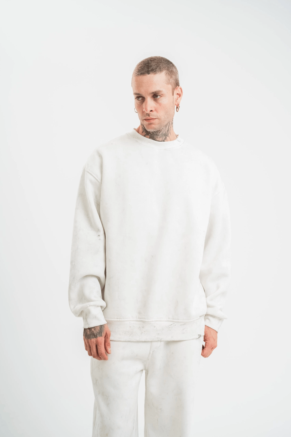 ERKEK 3 İplik Pamuklu Bisiklet Yaka Yıkamalı SweatShirt - Beyaz