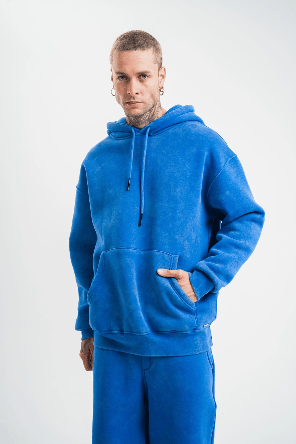 ERKEK 3 İplik Pamuklu Oversize Kapüşonlu Yıkamalı Hoodie SweatShirt - Mavi