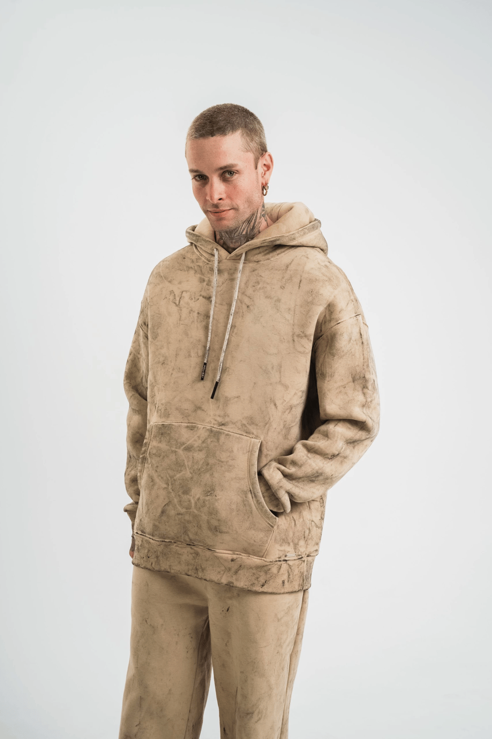 ERKEK 3 iplik Pamuklu Oversize Kapüşonlu Yıkamalı Hoodie SweatShirt - Bej