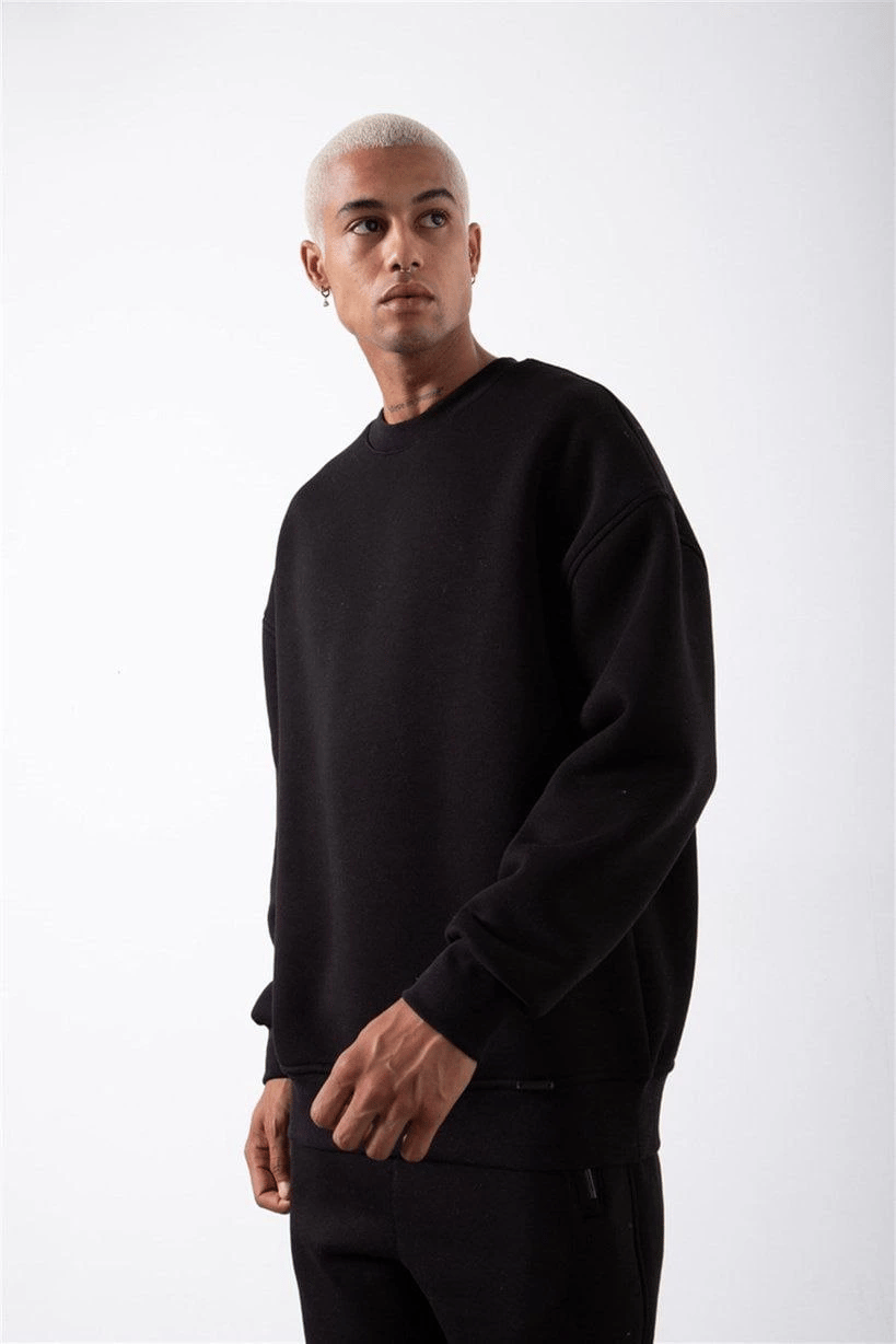 ERKEK Bisikilet Yaka 3 İplik Pamuklu SweatShirt - Siyah