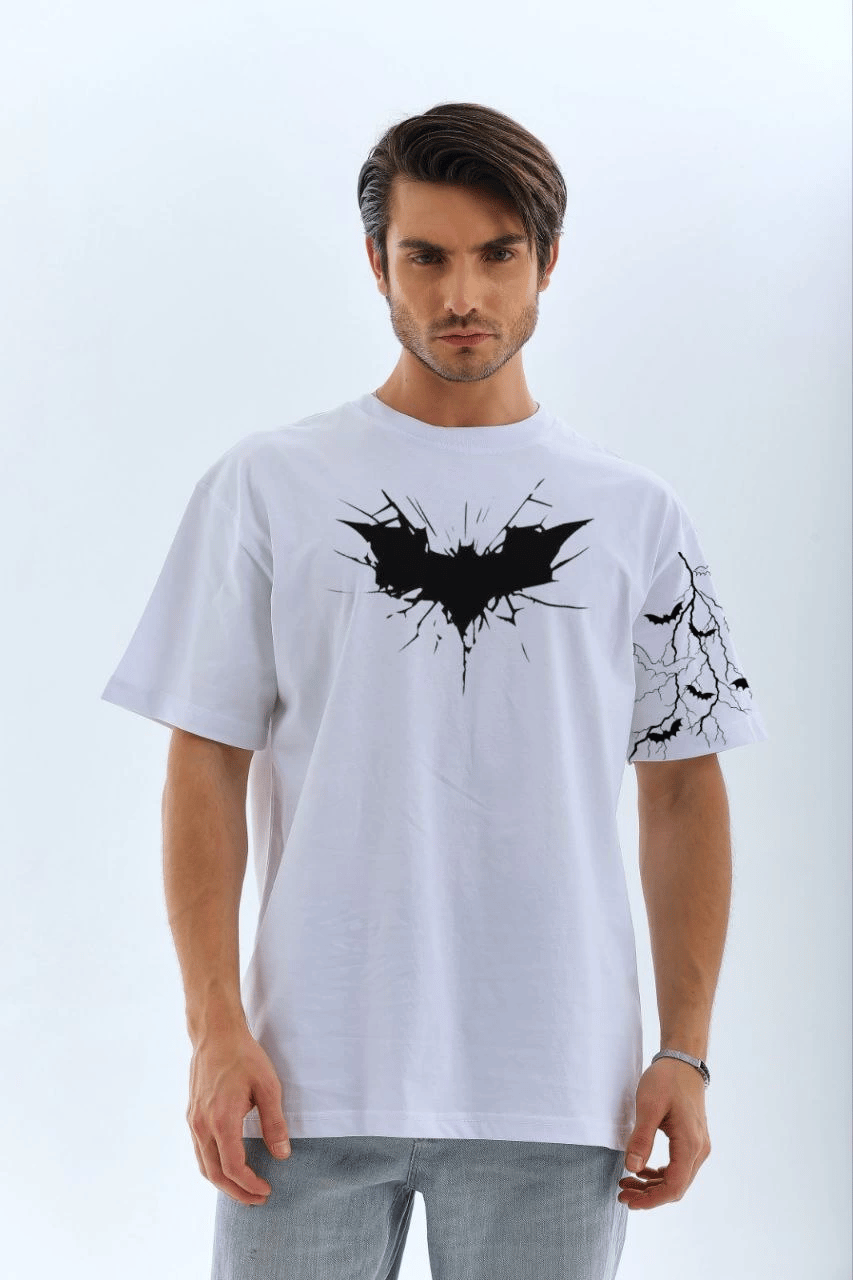 ERKEK Bisiklet yaka tişort Ön ve Kol YARASA Baskılı T-shirt - Beyaz