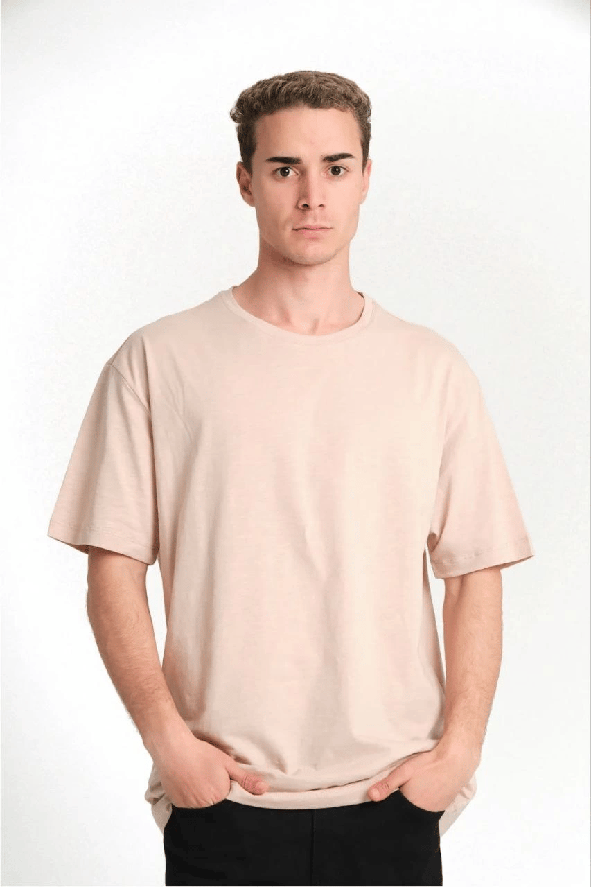 ERKEK Düz Tişört Bisikilet Yaka Kısa Kol Oversize T-shirt - Bej