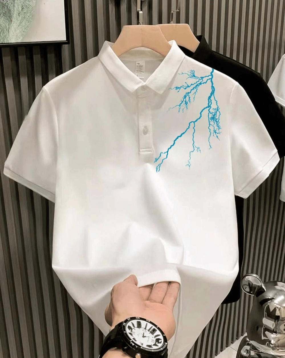 ERKEK Polo Yaka Tişört Düğmeli Pike Yıldırım Baskılı T-Shirt - Beyaz