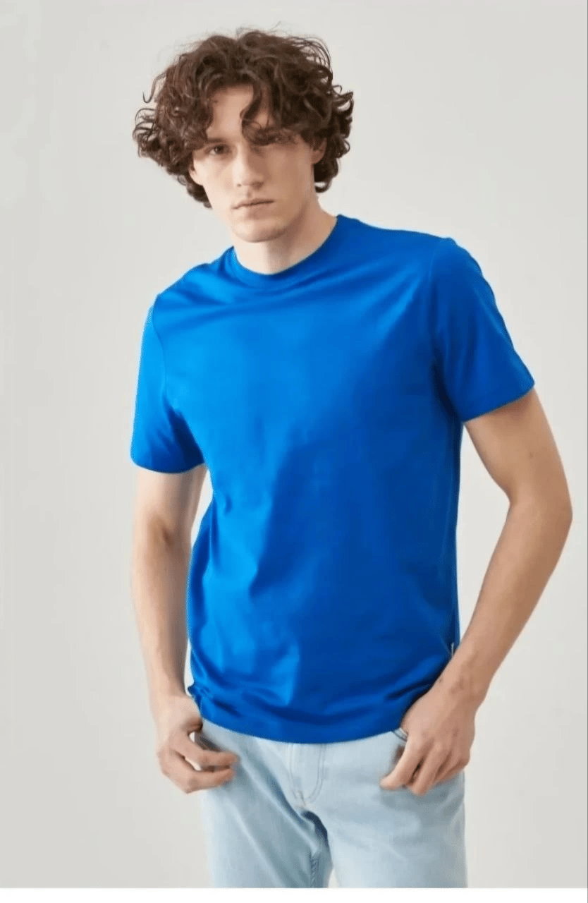 ERKEK Tişört Kısa Kol Düz Bisikilet Yaka Oversize T-shirt - Mavi