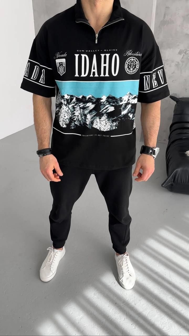 Erkek  Baskılı Yarım Fermuarlı  Kısa kol T-Shirt - Siyah
