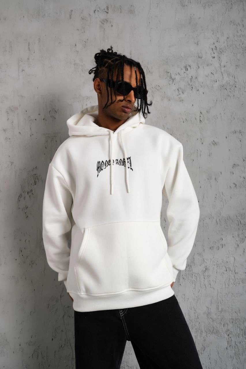 Erkek 3 İplik Pamuklu Baskılı Kapüşonlu Cepli Sweatshirt Hoodie - Beyaz