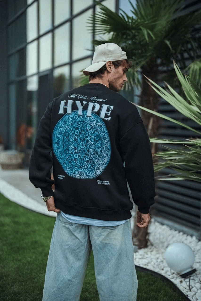 Erkek 3 İplik Pamuklu Bisiklet Yaka Baskılı SweatShirt - Siyah