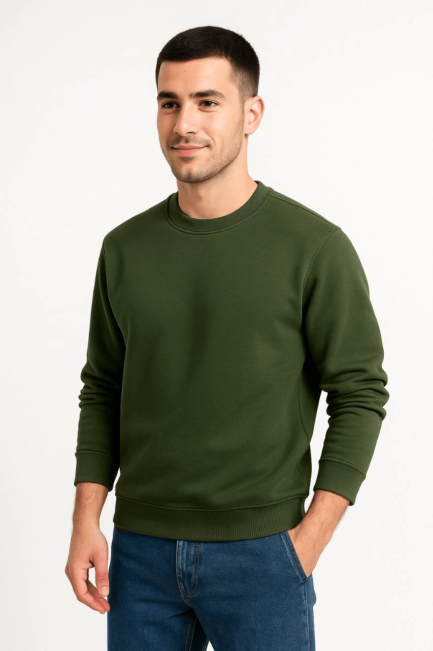 Erkek 3 İplik Pamuklu Düz Bisiklet Yaka SweatShirt - Haki