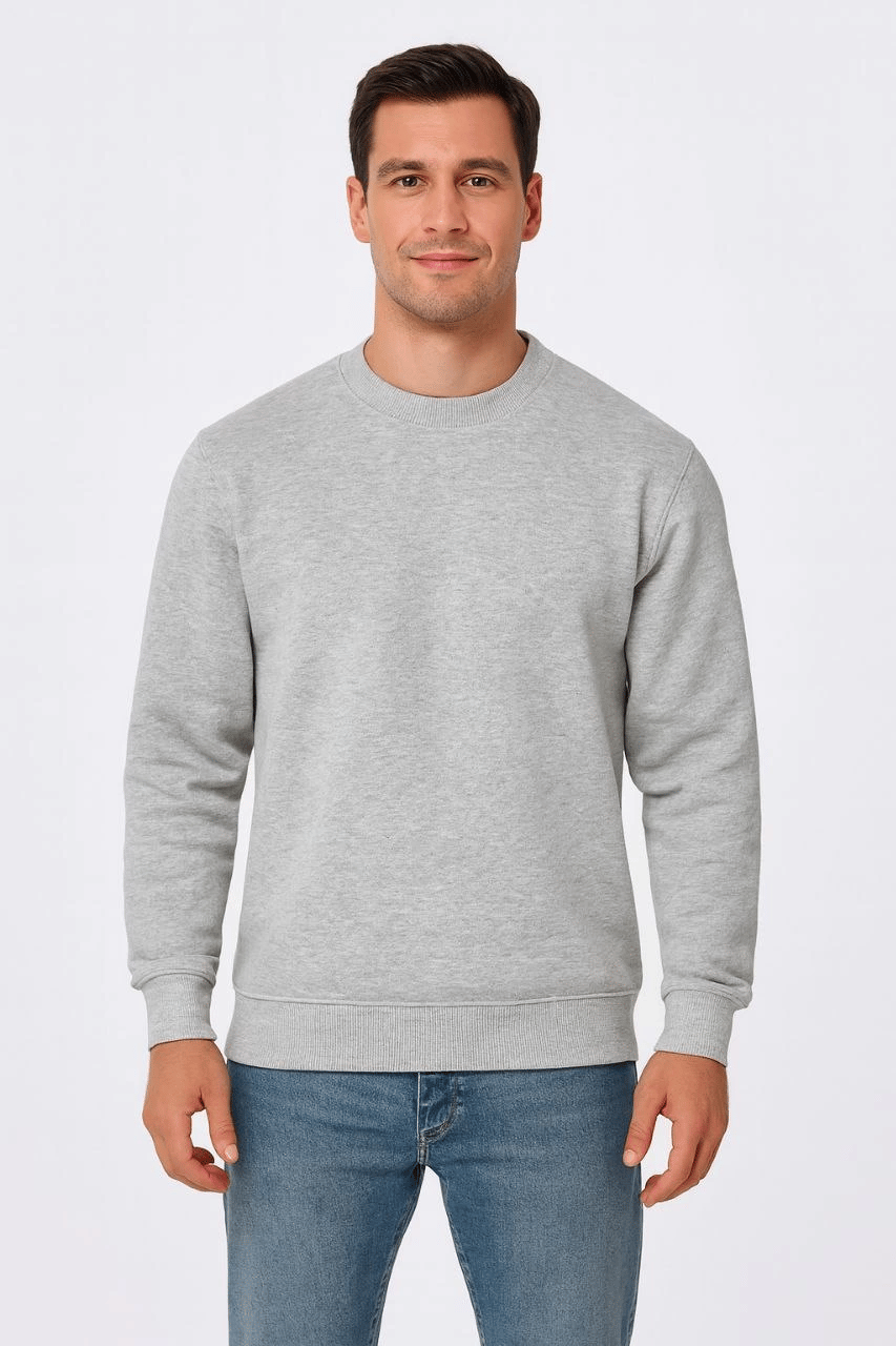 Erkek 3 İplik Pamuklu Düz Bisiklet Yaka SweatShirt - Gri