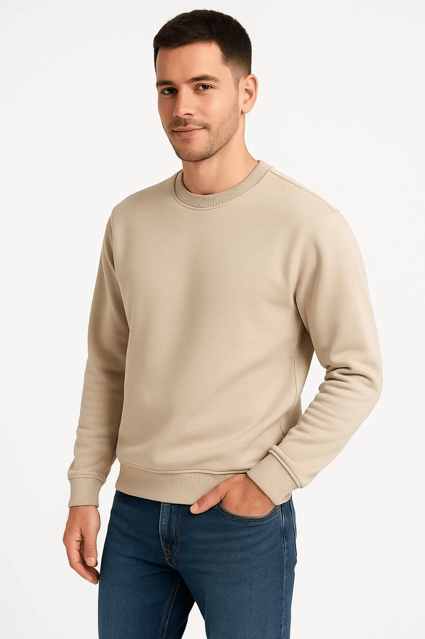 Erkek 3 İplik Pamuklu Düz Bisiklet Yaka SweatShirt - Bej