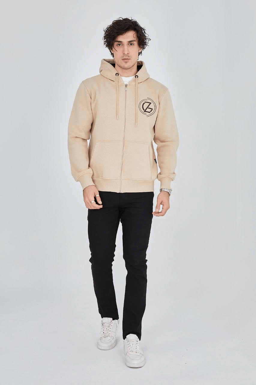 Erkek 3 İplik Pamuklu Fermuarlı Kapüşonlu Kanguru Cepli Baskılı Hoodie Hırka Sweatshirt - Bej