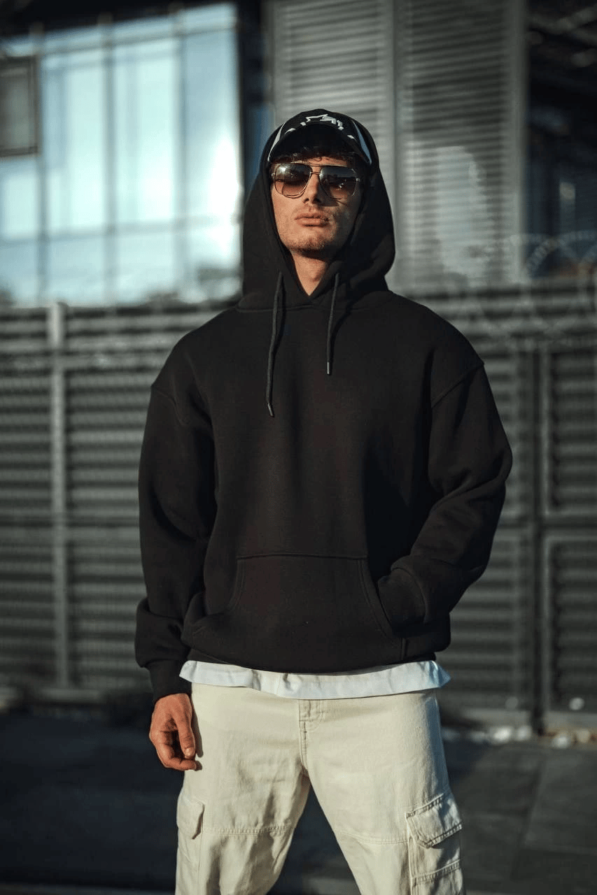 Erkek 3 İplik Pamuklu Kapüşonlu Basic SweatShirt Hoodie - Siyah