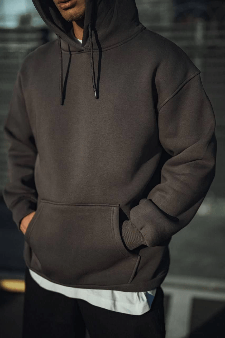 Erkek 3 İplik Pamuklu Kapüşonlu Basic SweatShirt Hoodie - Füme