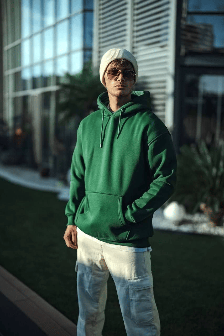 Erkek 3 İplik Pamuklu Kapüşonlu Basic SweatShirt Hoodie - Haki