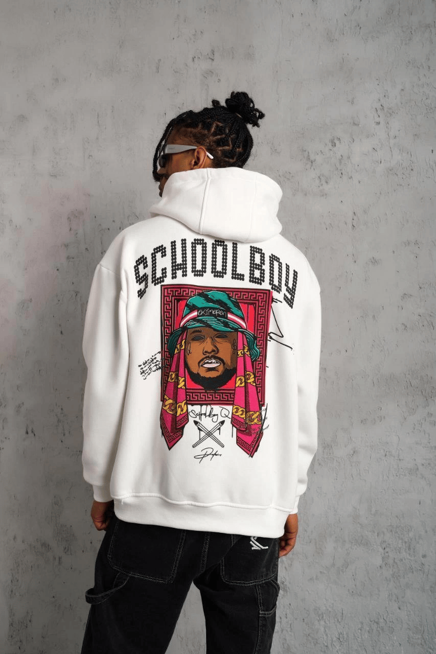 Erkek 3 İplik Pamuklu Kapüşonlu Baskılı Cepli Oversize Sweatshirt Hoodie - Beyaz