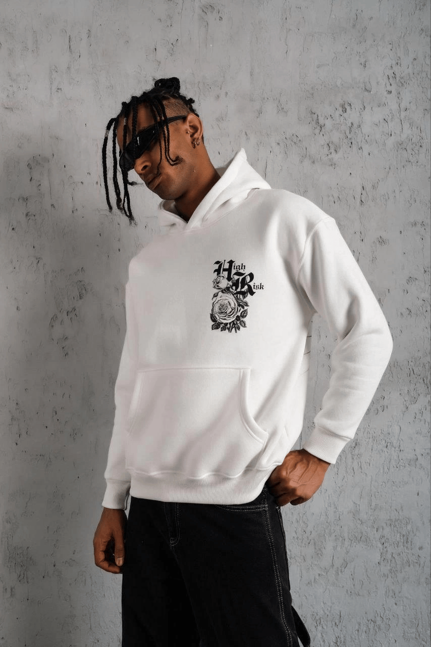 Erkek 3 İplik Pamuklu Kapüşonlu Baskılı Cepli Oversize Sweatshirt Hoodie - Beyaz