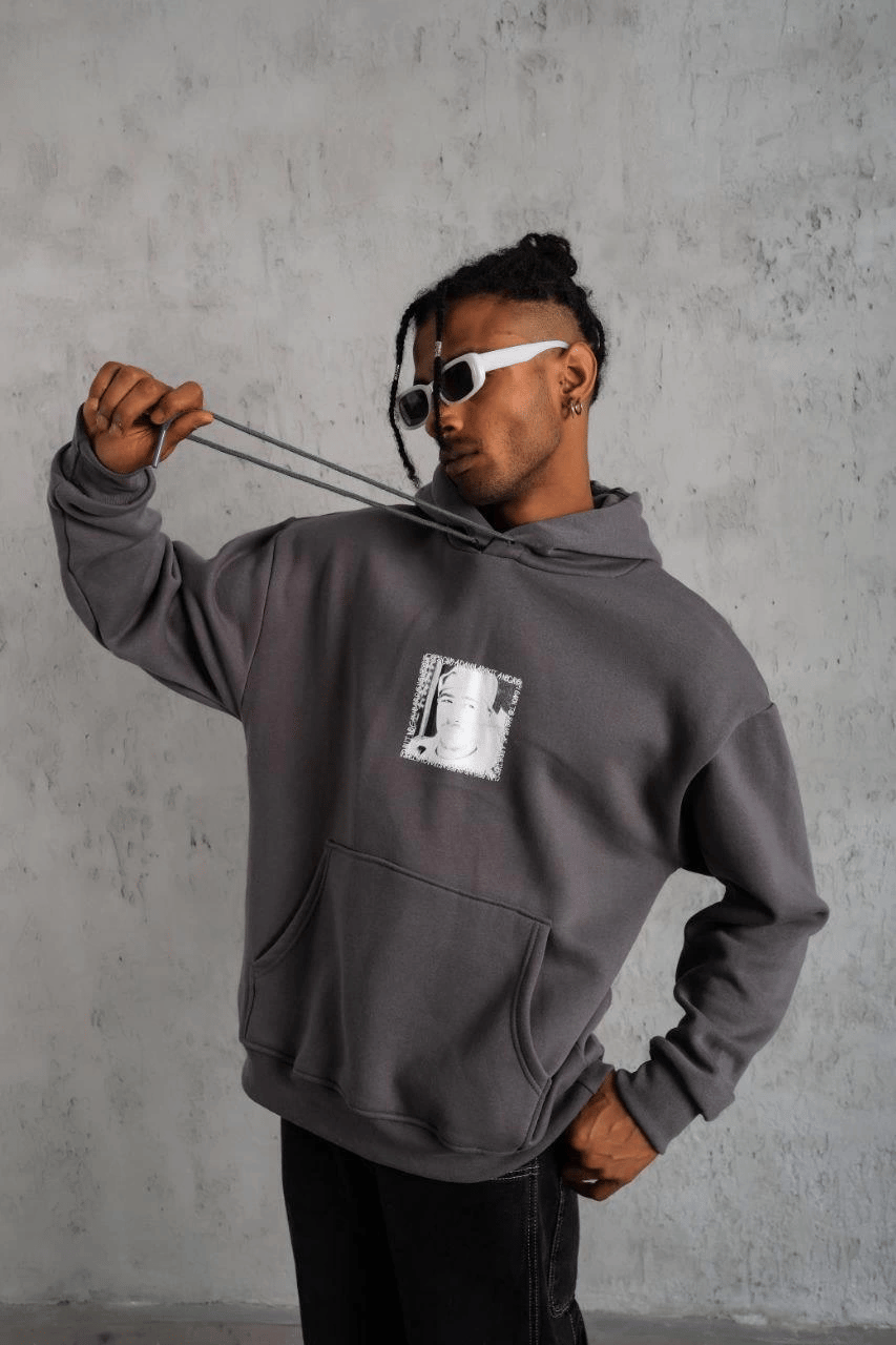 Erkek 3 İplik Pamuklu Kapüşonlu Baskılı Cepli Oversize Sweatshirt Hoodie - Gri